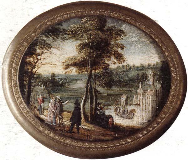 unknow artist A landscape with elegant figures promenading before a lake,a castle beyond oil painting image